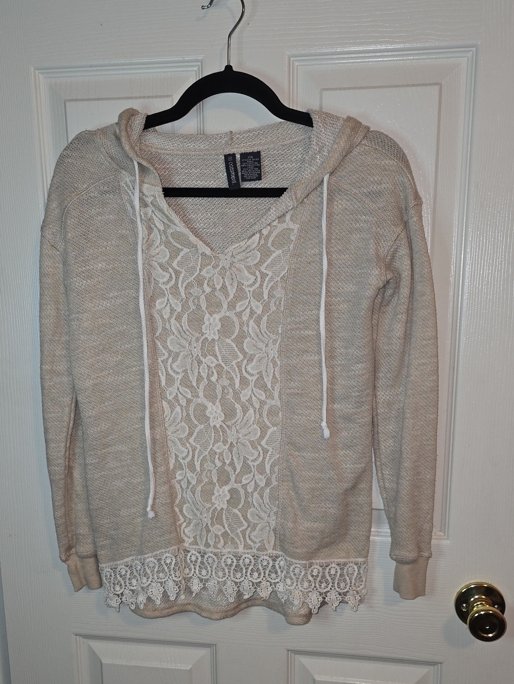 Lace-Front Beige Hoodie Knit Pullover